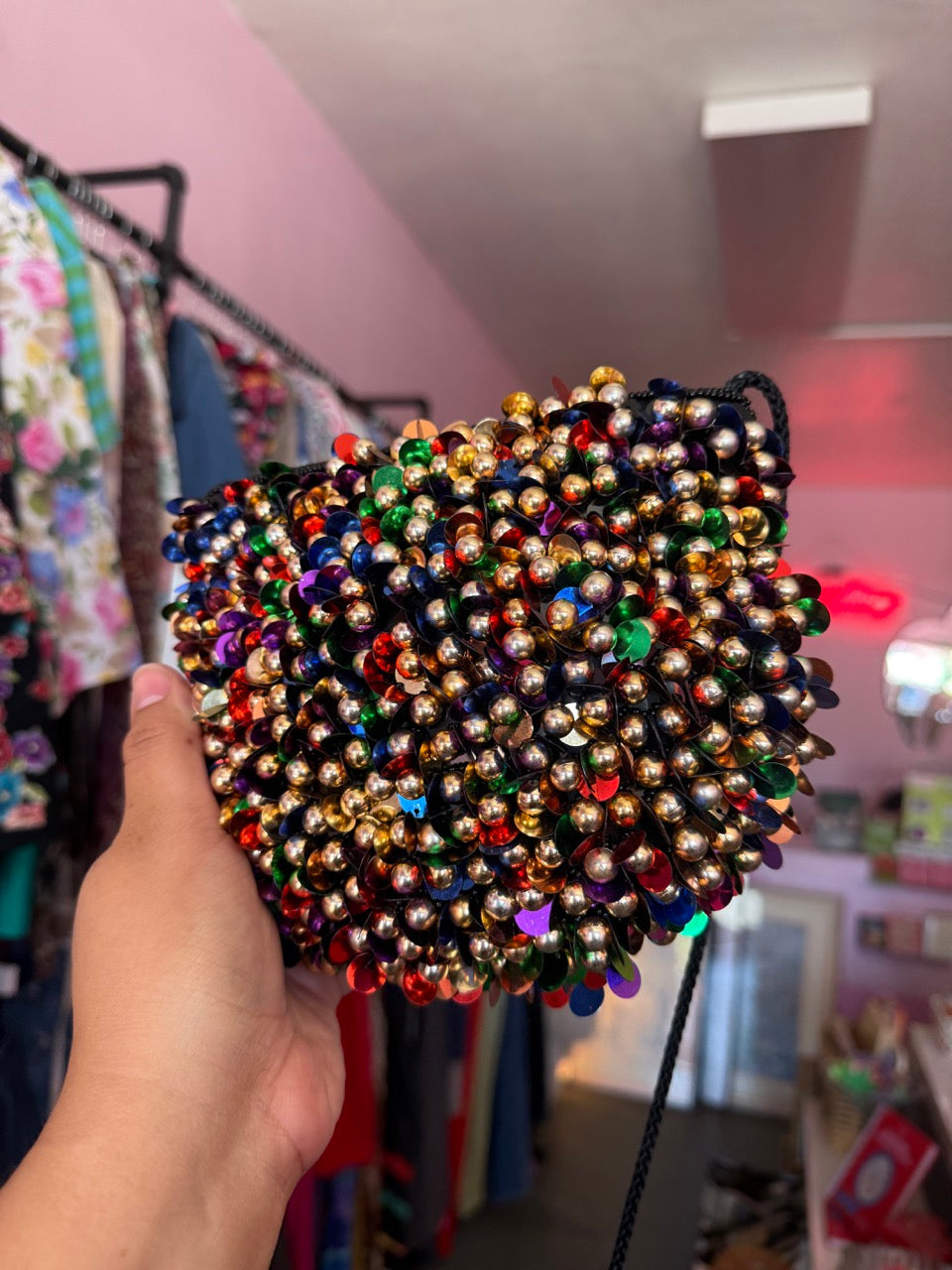 Magid Rainbow Paillette Sequin and Gold Beads Purse