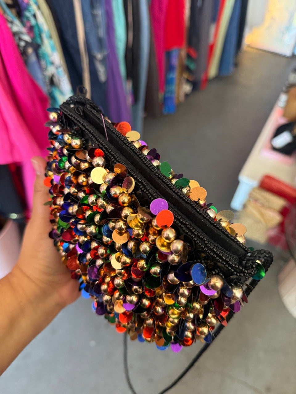 Magid Rainbow Paillette Sequin and Gold Beads Purse