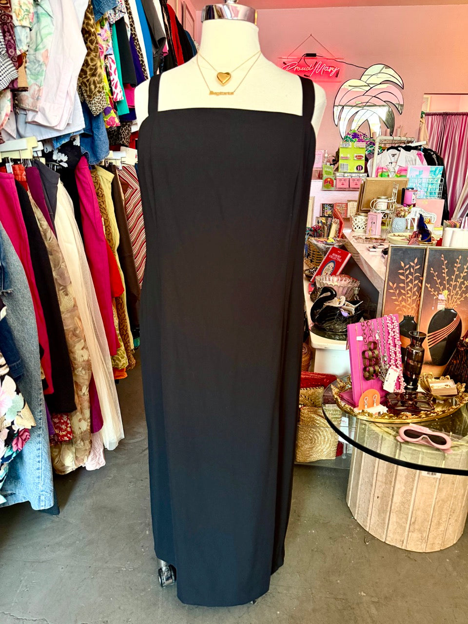90s Black Square Neck Column Dress - Size 4X