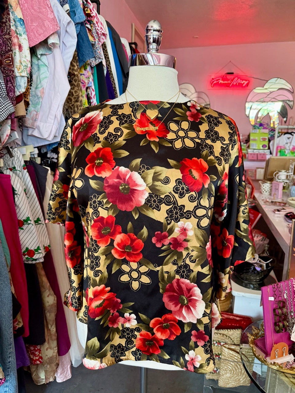 80s Midnight Florals Satin "Caftan" Top - Size 2X/3X
