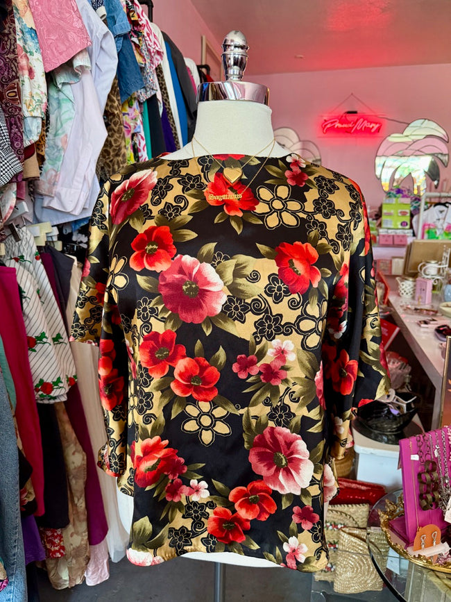 80s Midnight Florals Satin "Caftan" Top - Size 2X/3X