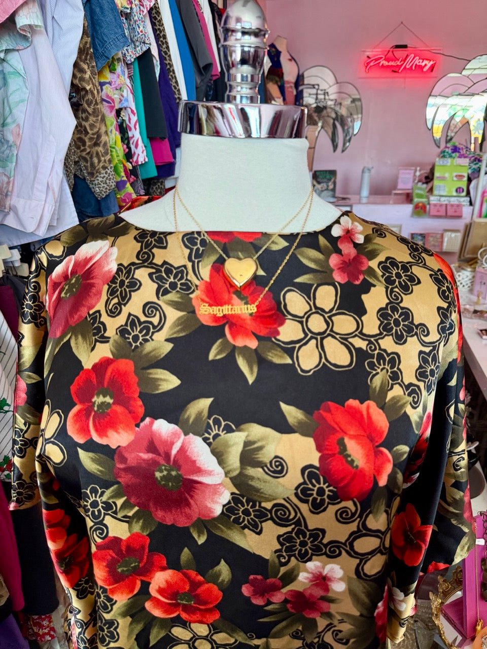 80s Midnight Florals Satin "Caftan" Top - Size 2X/3X