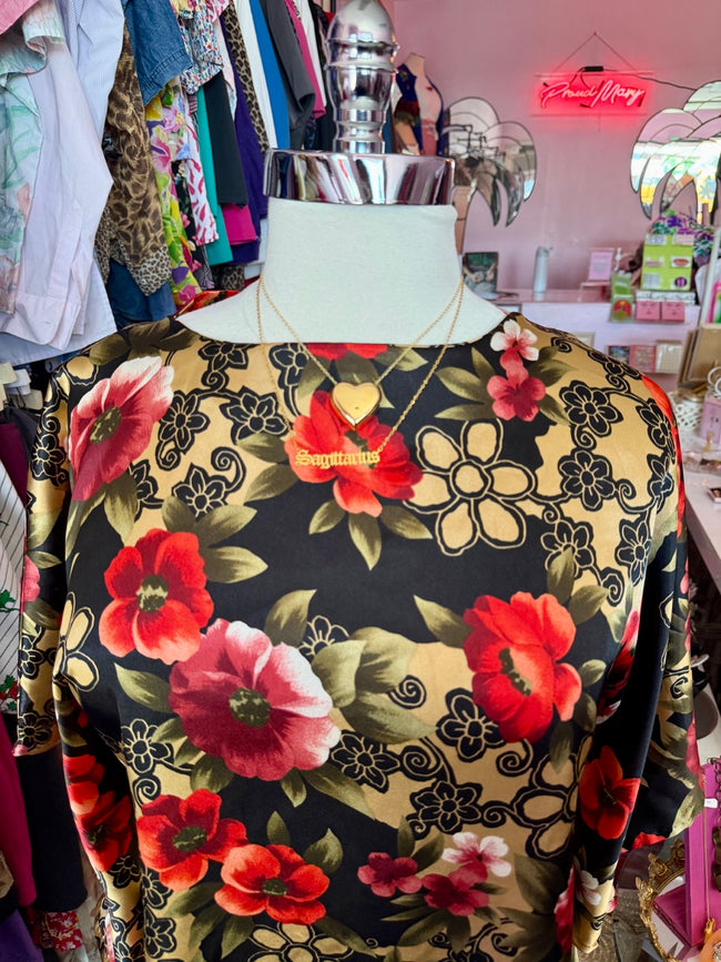 80s Midnight Florals Satin "Caftan" Top - Size 2X/3X