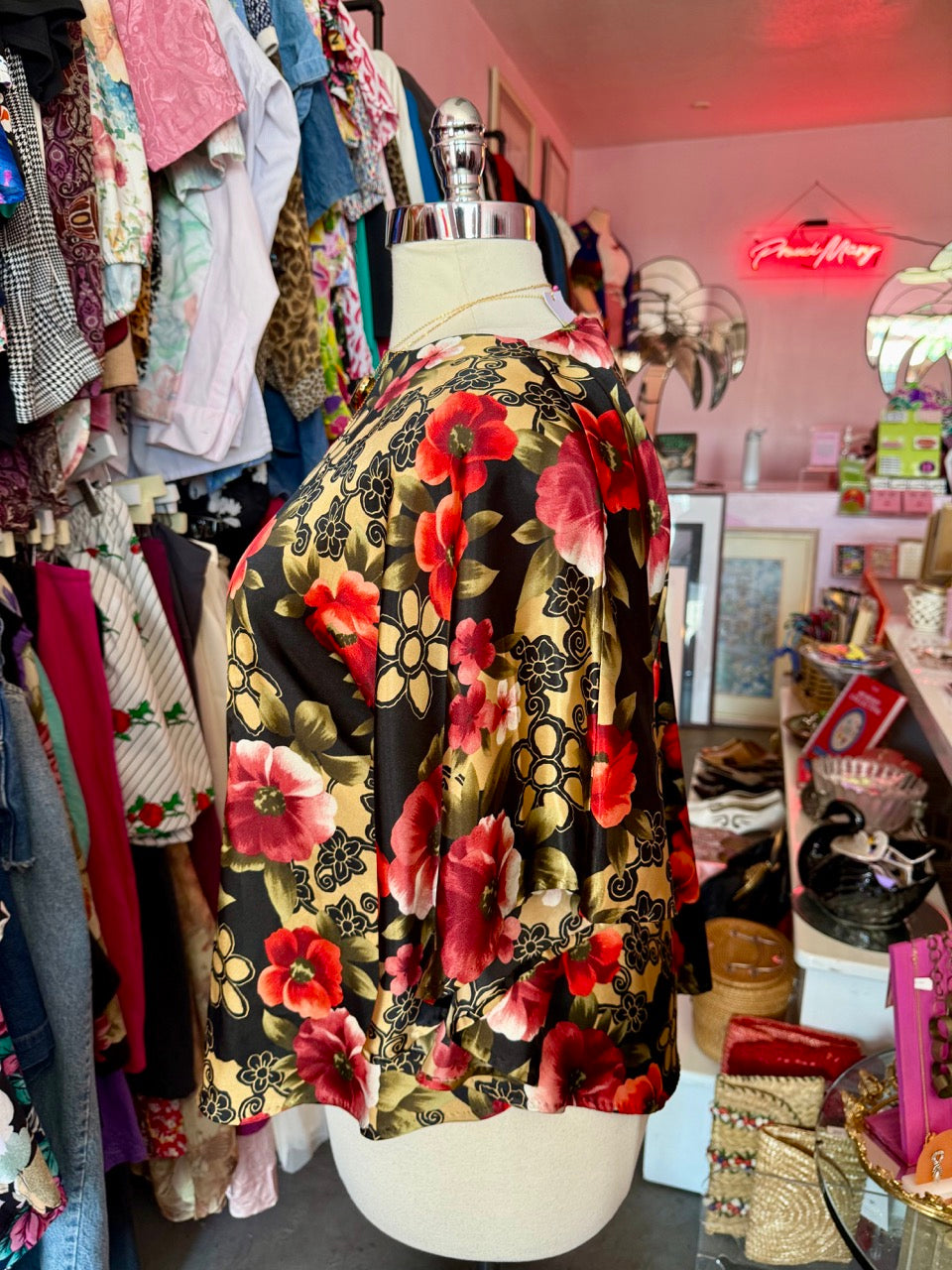 80s Midnight Florals Satin "Caftan" Top - Size 2X/3X