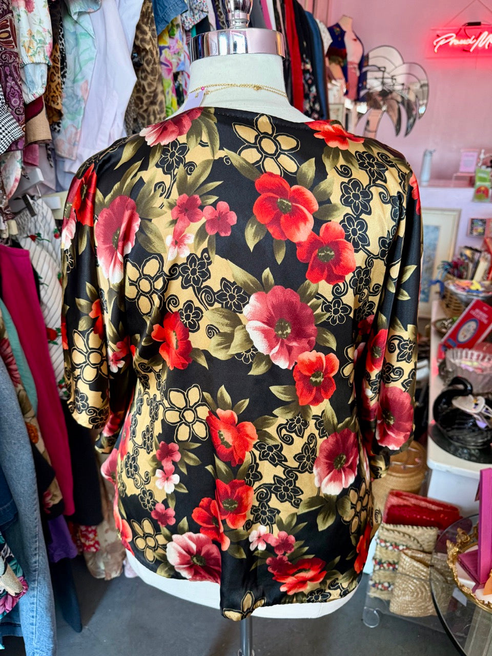 80s Midnight Florals Satin "Caftan" Top - Size 2X/3X
