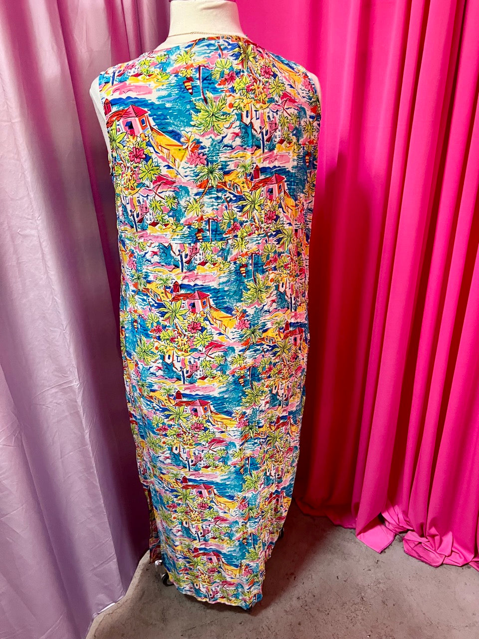 Coastal Town Tropical Print Silk Tank Dress