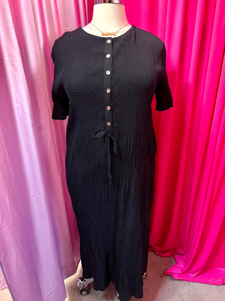 Black Smocked Maxi Dress with Silver Buttons