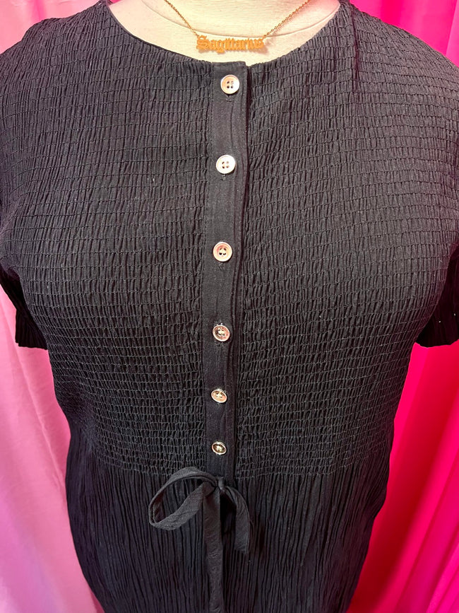 Black Smocked Maxi Dress with Silver Buttons
