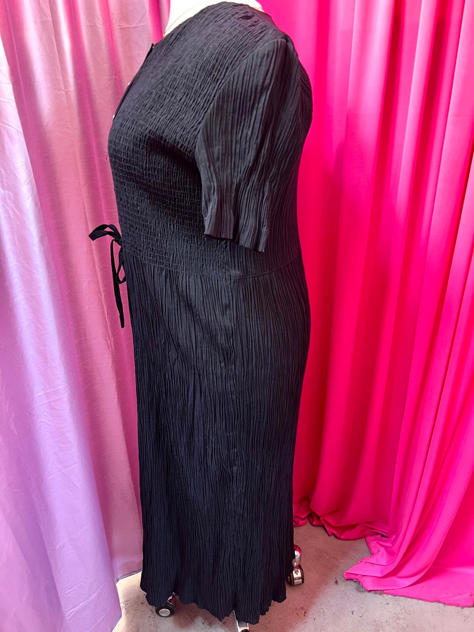 Black Smocked Maxi Dress with Silver Buttons