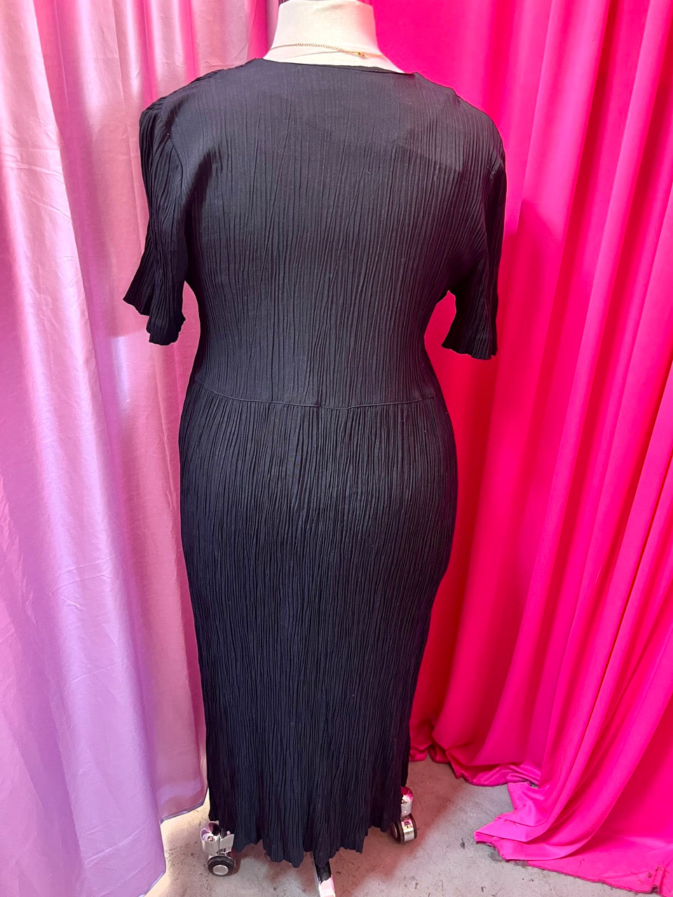 Black Smocked Maxi Dress with Silver Buttons