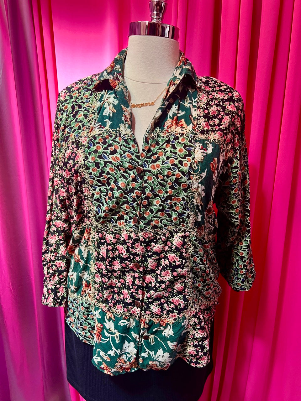 80s Mixed Print Embroidered Blouse