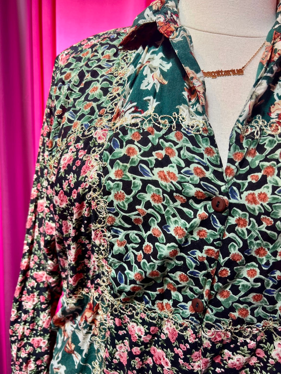 80s Mixed Print Embroidered Blouse