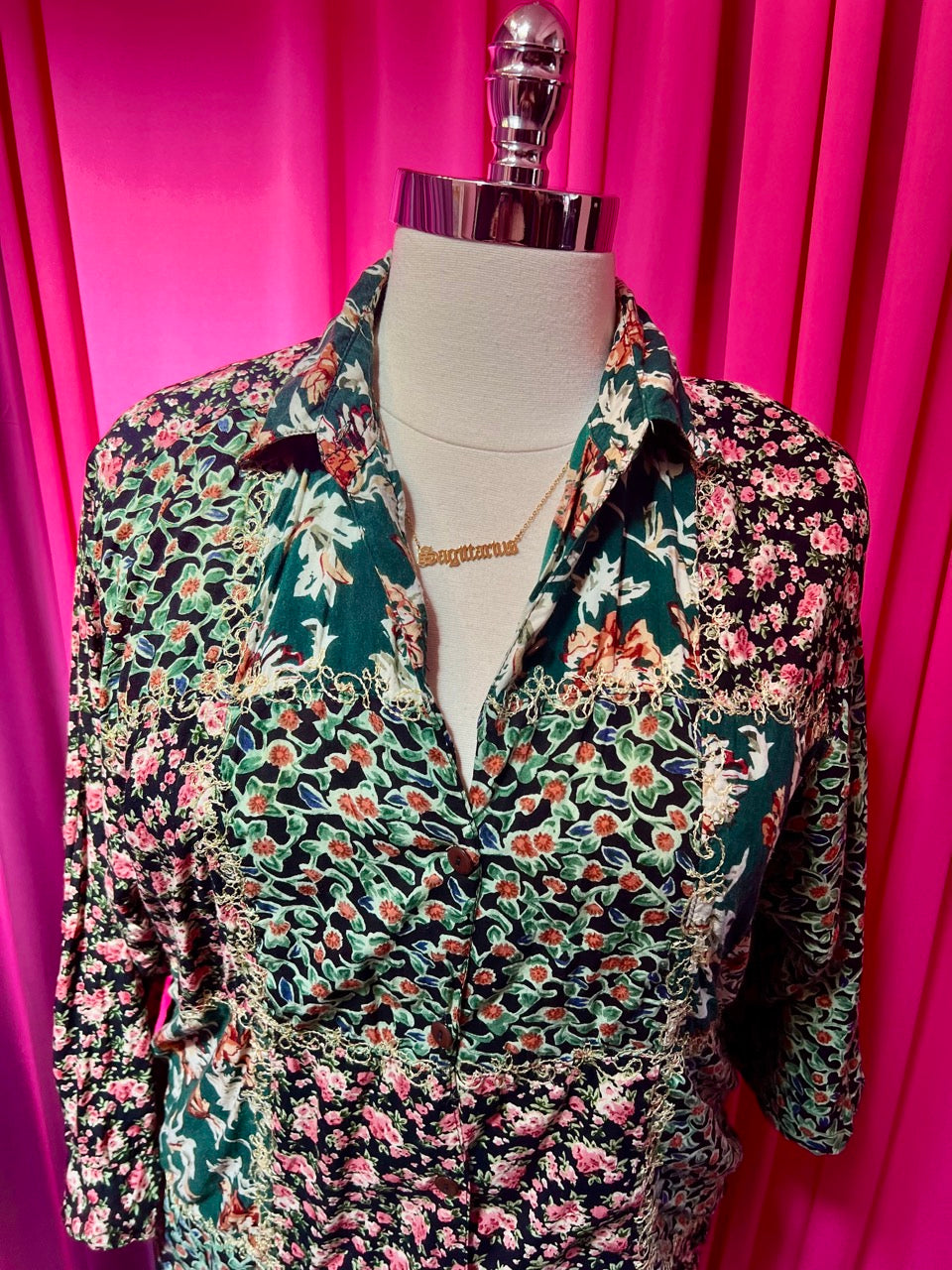 80s Mixed Print Embroidered Blouse