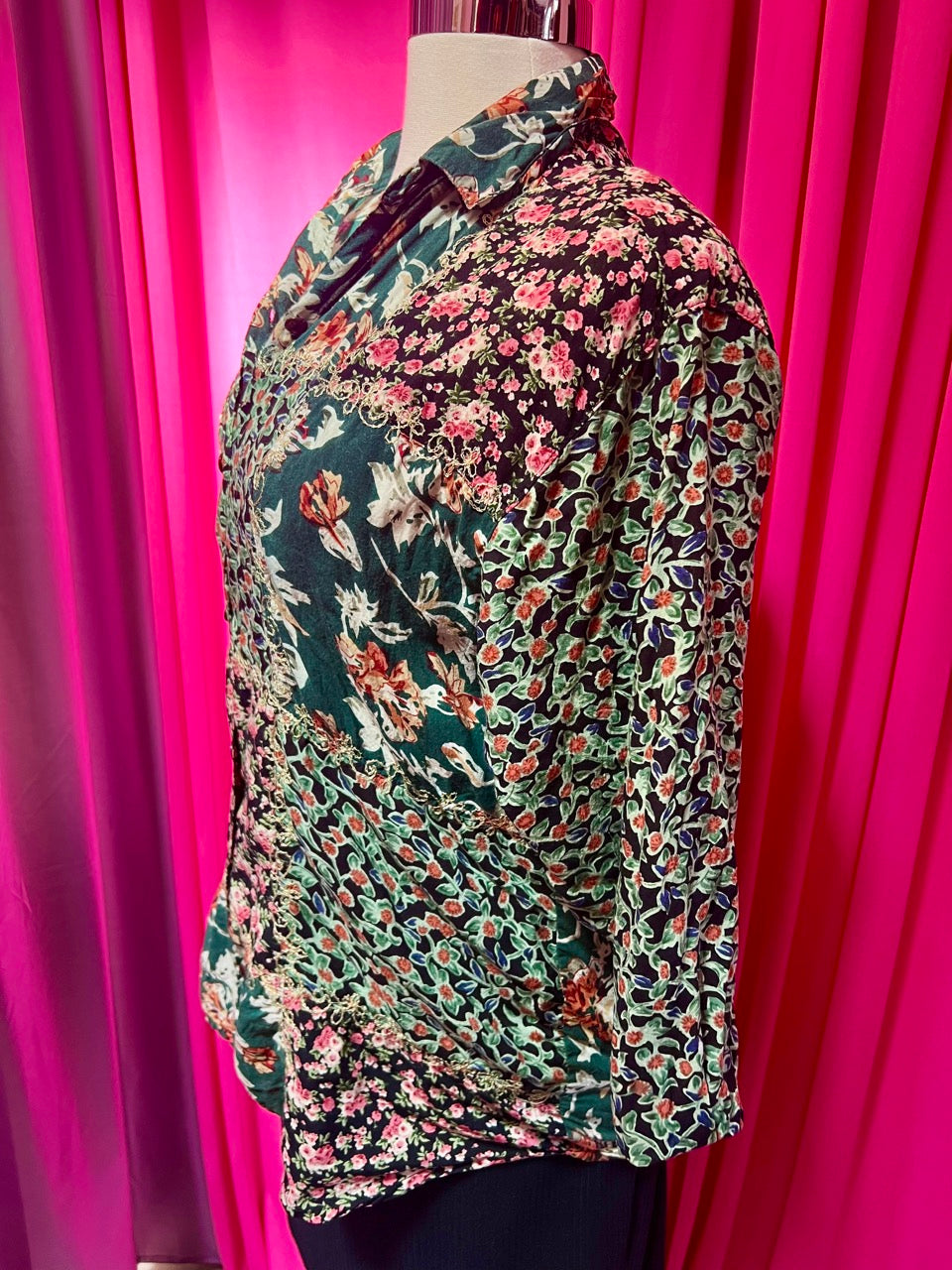 80s Mixed Print Embroidered Blouse