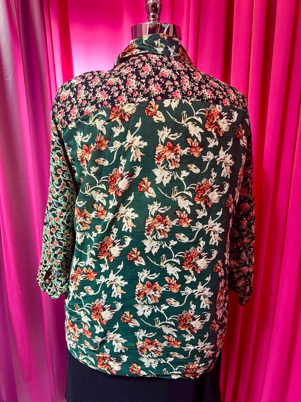 80s Mixed Print Embroidered Blouse