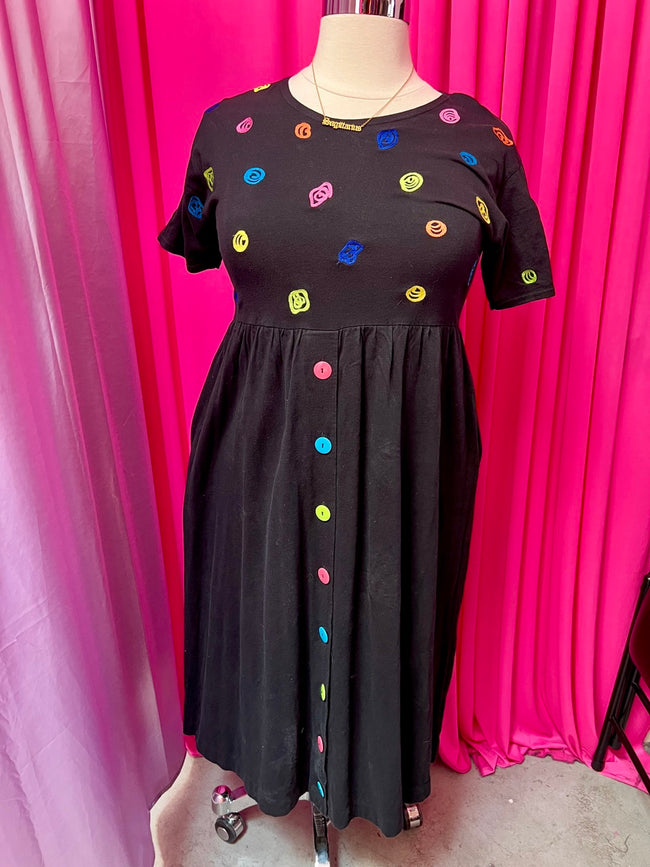 90s Swirl and Button Embroidered Midi Dress