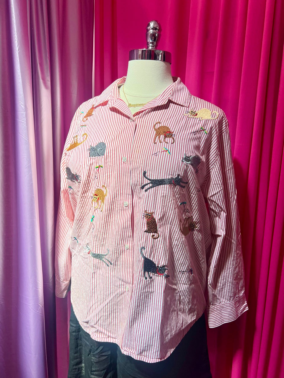 Cats, Bugs, and Stripes Embroidered Button Up