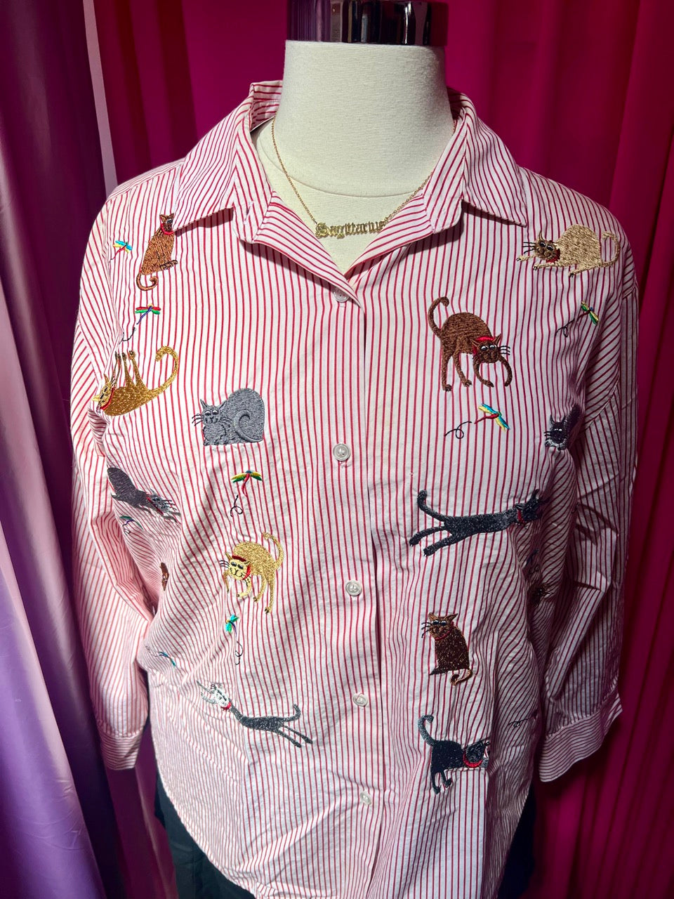 Cats, Bugs, and Stripes Embroidered Button Up