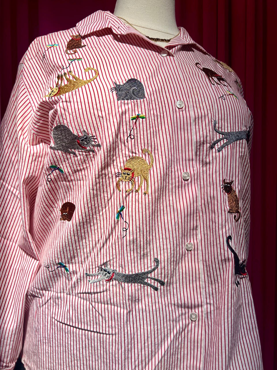 Cats, Bugs, and Stripes Embroidered Button Up