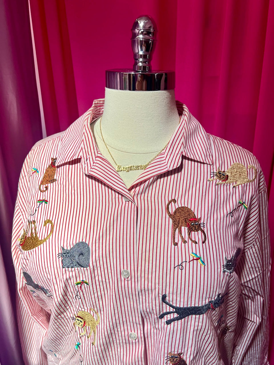 Cats, Bugs, and Stripes Embroidered Button Up