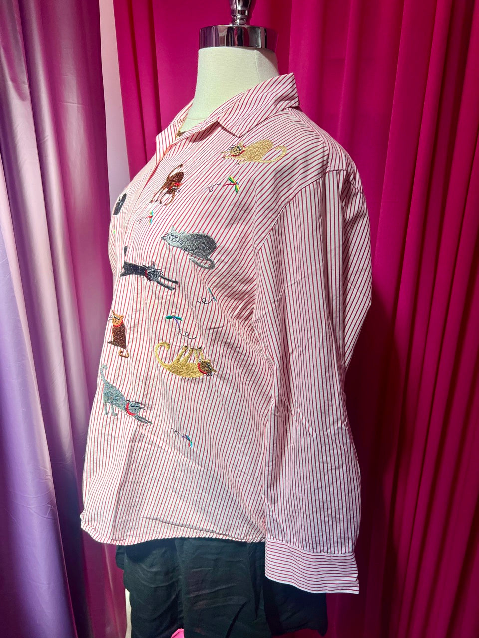 Cats, Bugs, and Stripes Embroidered Button Up