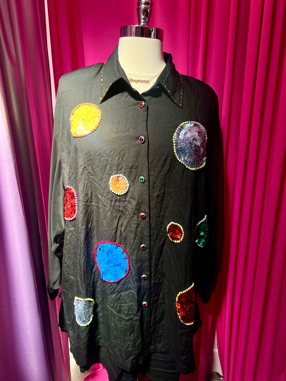 80s Sequin and Pearl Planets Button Up with Sheer Sleeves