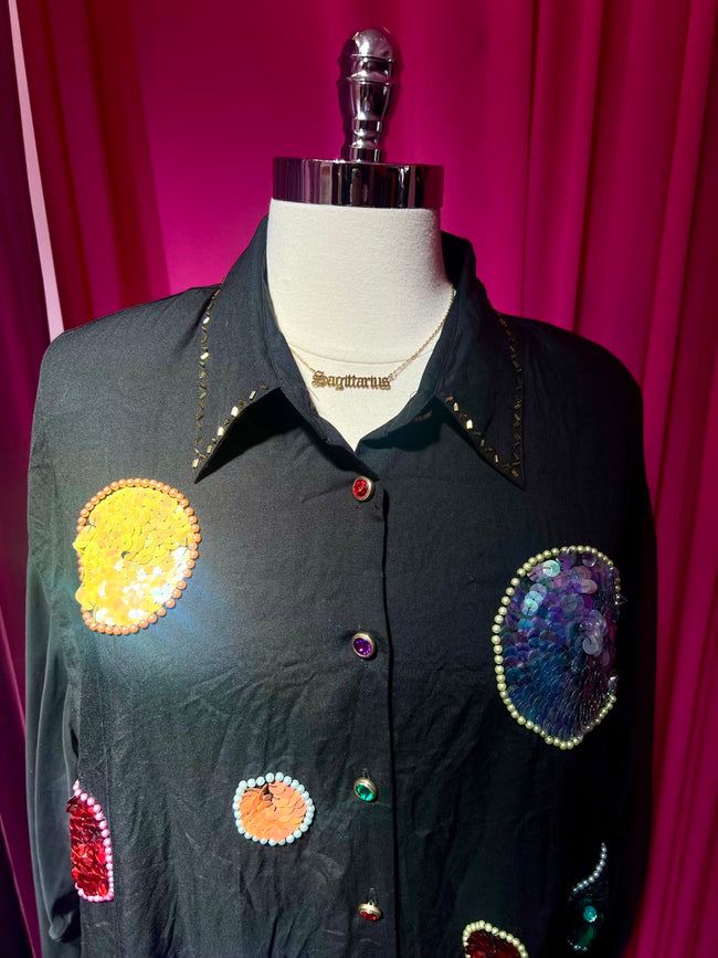 80s Sequin and Pearl Planets Button Up with Sheer Sleeves