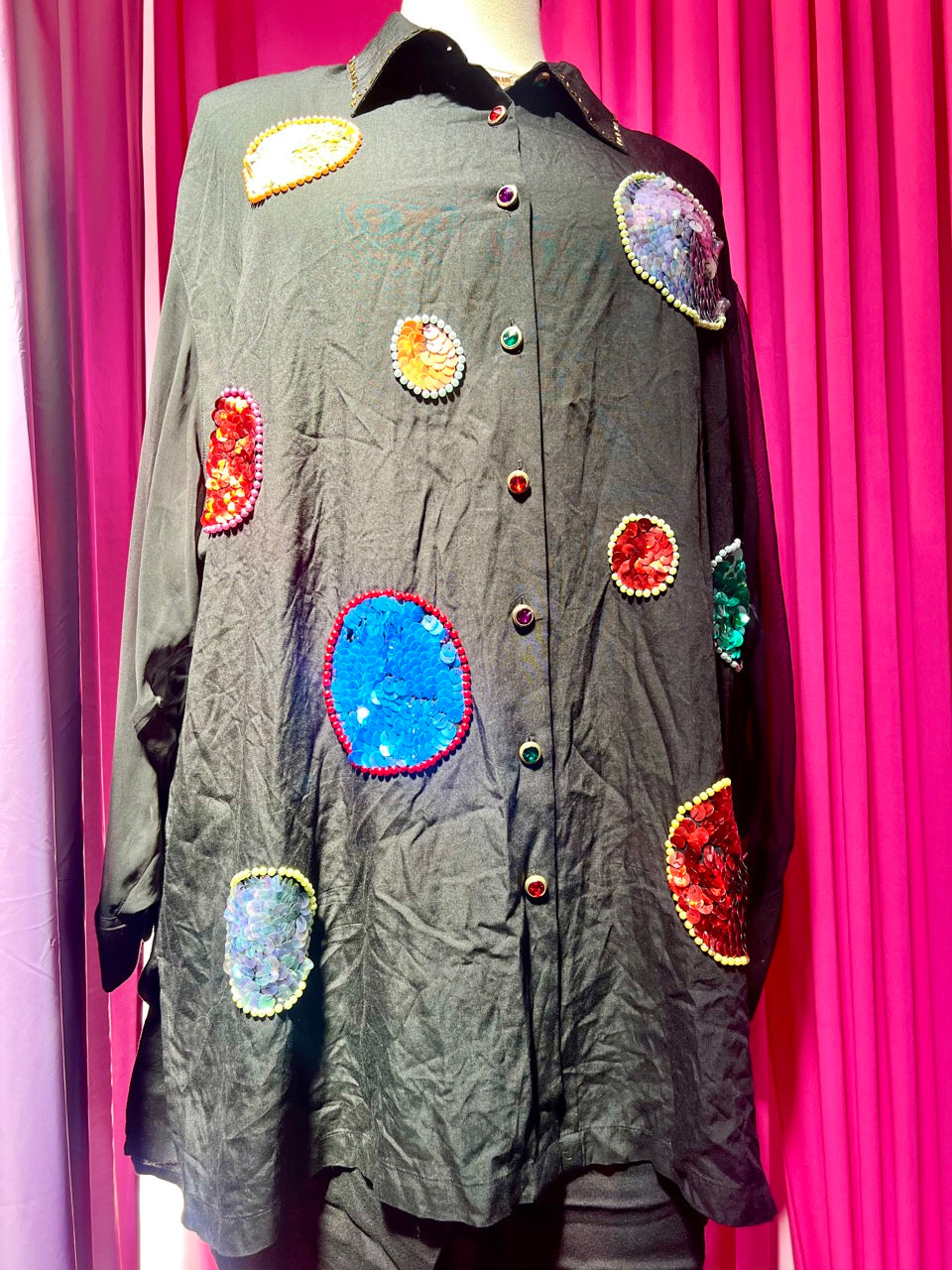 80s Sequin and Pearl Planets Button Up with Sheer Sleeves