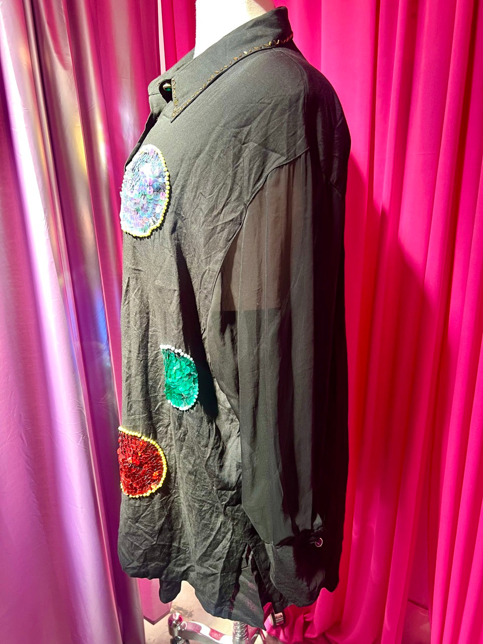 80s Sequin and Pearl Planets Button Up with Sheer Sleeves