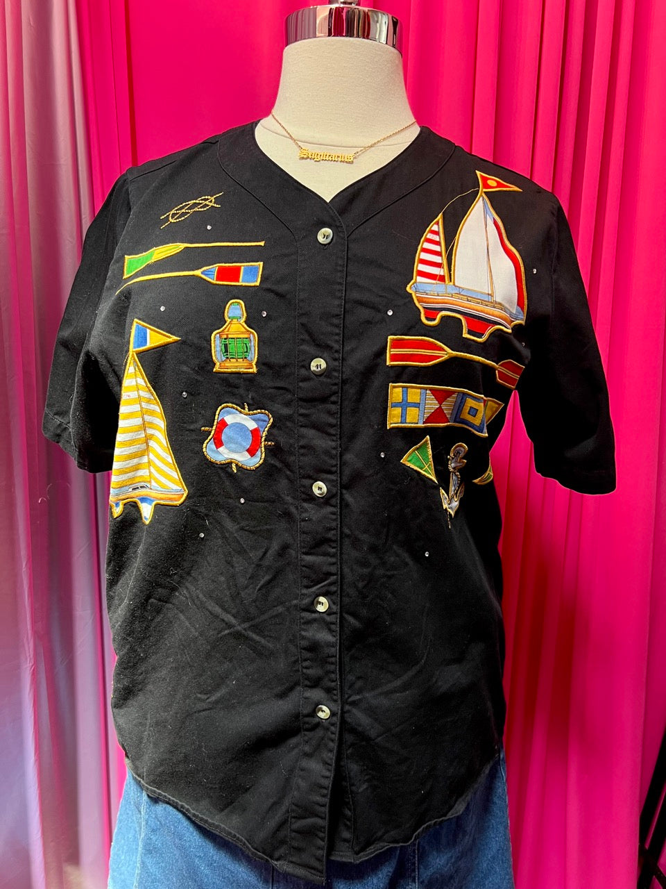 SALE - Day on the Water Nautical Embroidered and Printed Button Up - Size 1X/2X