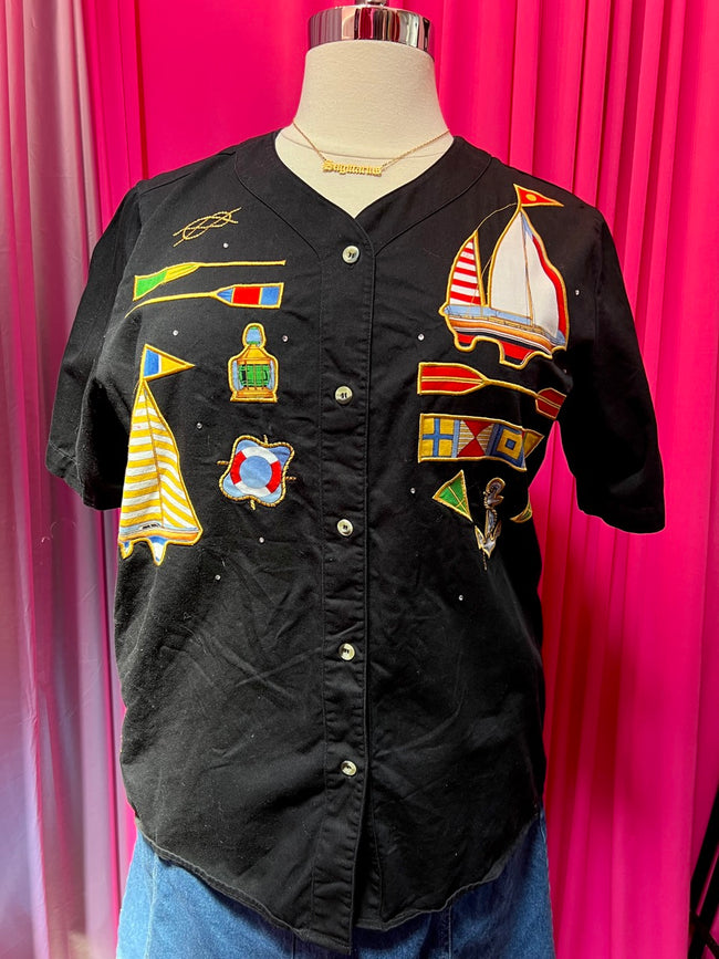 SALE - Day on the Water Nautical Embroidered and Printed Button Up - Size 1X/2X