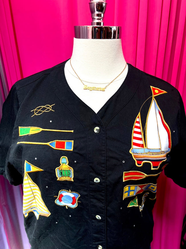 SALE - Day on the Water Nautical Embroidered and Printed Button Up - Size 1X/2X