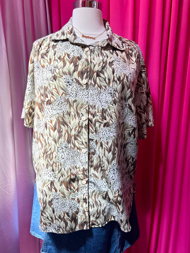 Cheetahs in Tall Grass Button Up Top - Fits like a 4X