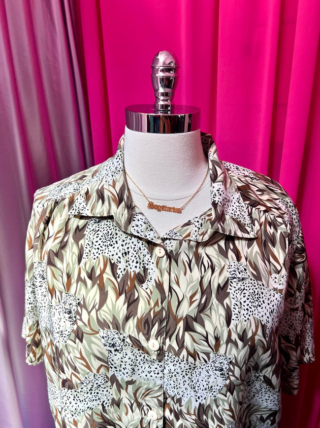Cheetahs in Tall Grass Button Up Top - Fits like a 4X