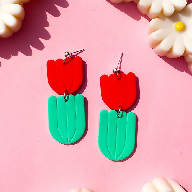 Pink Tulip Polymer Clay Dangle Earrings