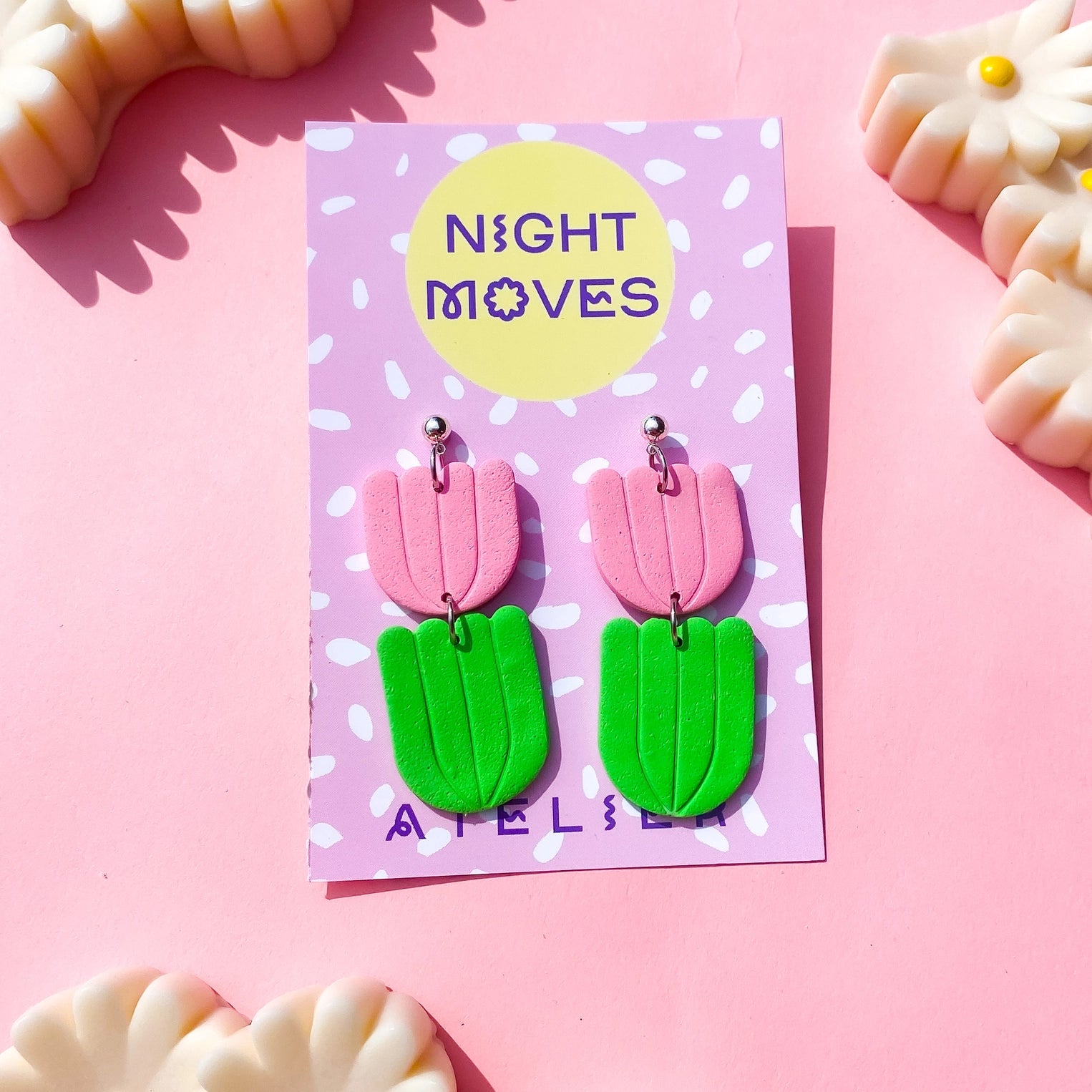 Pink Tulip Polymer Clay Dangle Earrings