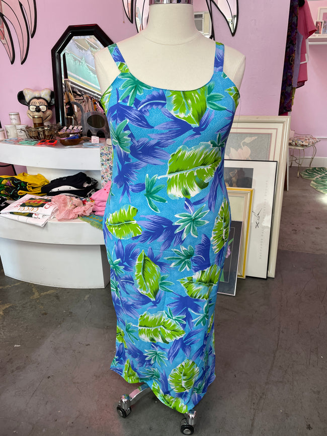 1990s Tropical Leaf Patterned Blue and Green Maxi Dress