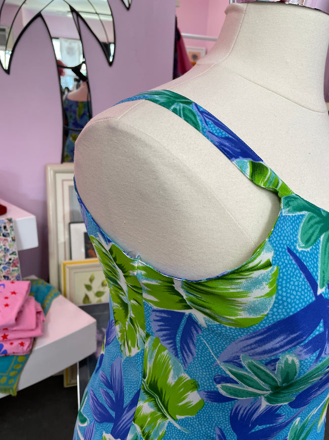 1990s Tropical Leaf Patterned Blue and Green Maxi Dress