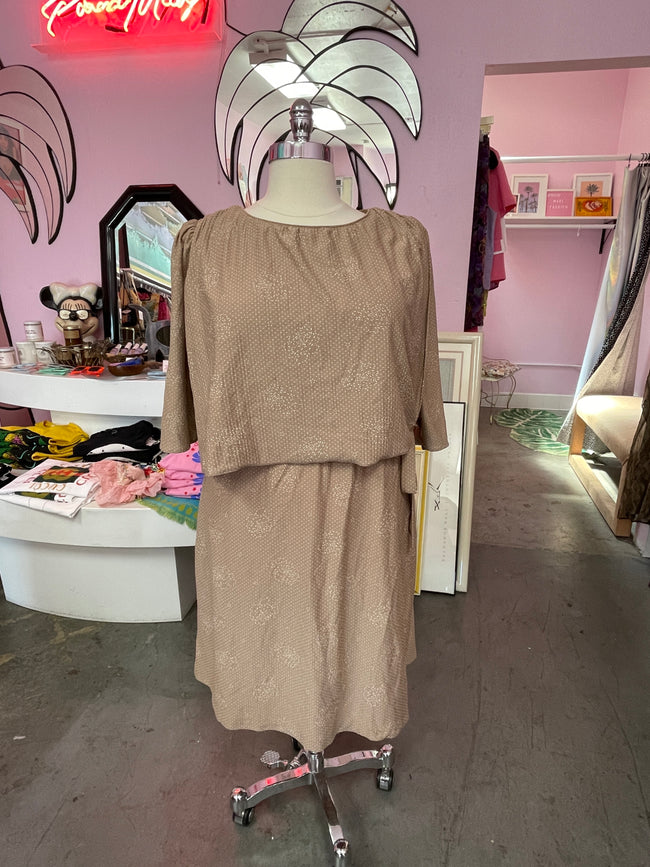 1980s Tan Shirt Dress w/ Delicate Floral Pattern