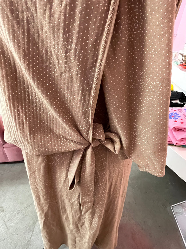 1980s Tan Shirt Dress w/ Delicate Floral Pattern