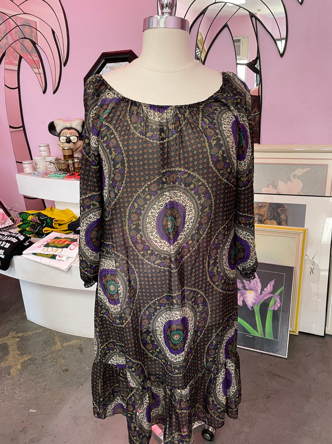 Sheer Peplum Hem Medallion Print Midi Dress with Ruffle Hem