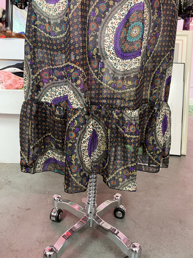 Sheer Peplum Hem Medallion Print Midi Dress with Ruffle Hem