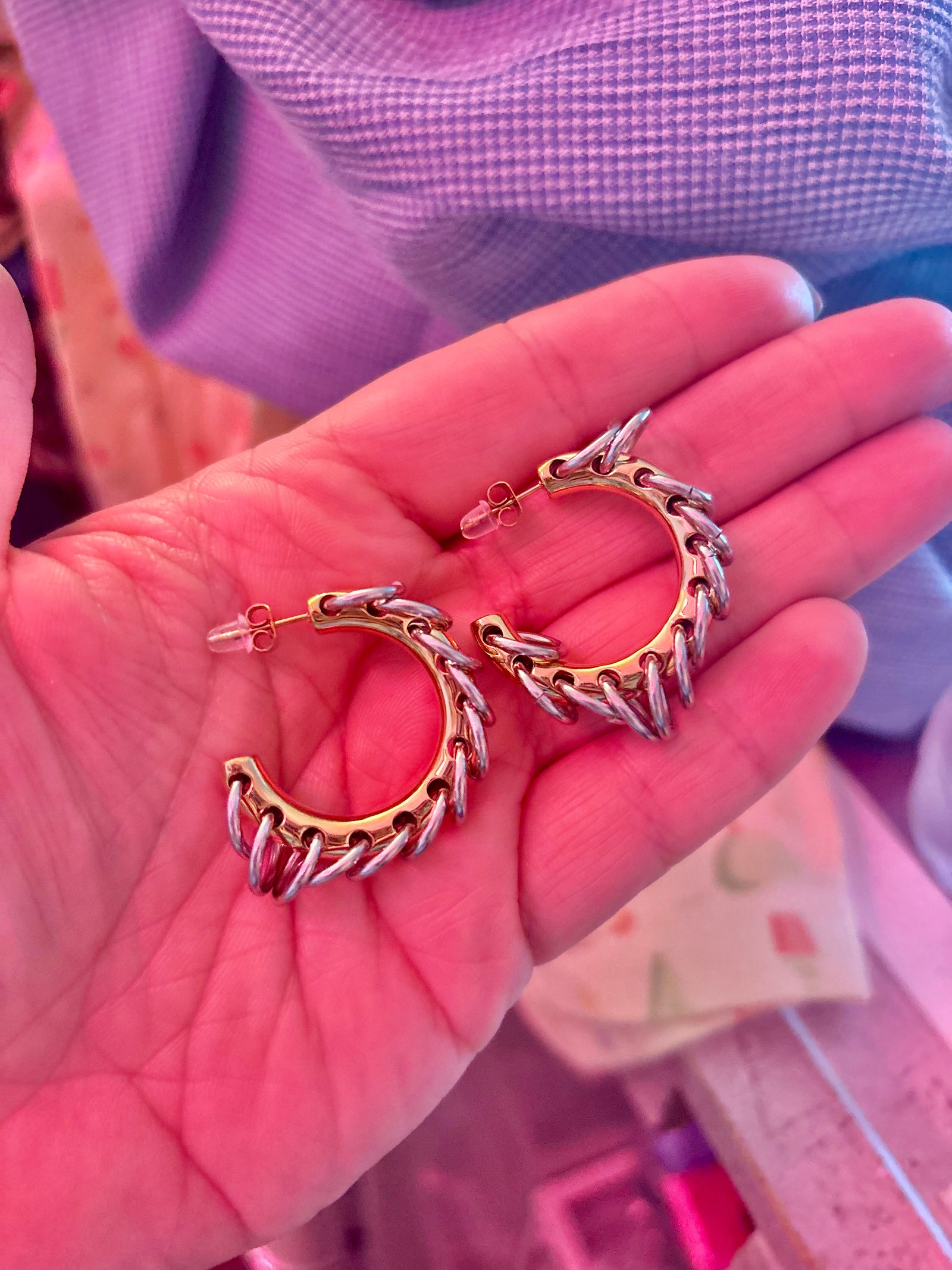 Stainless Steel Two-tone Pierced Hoops