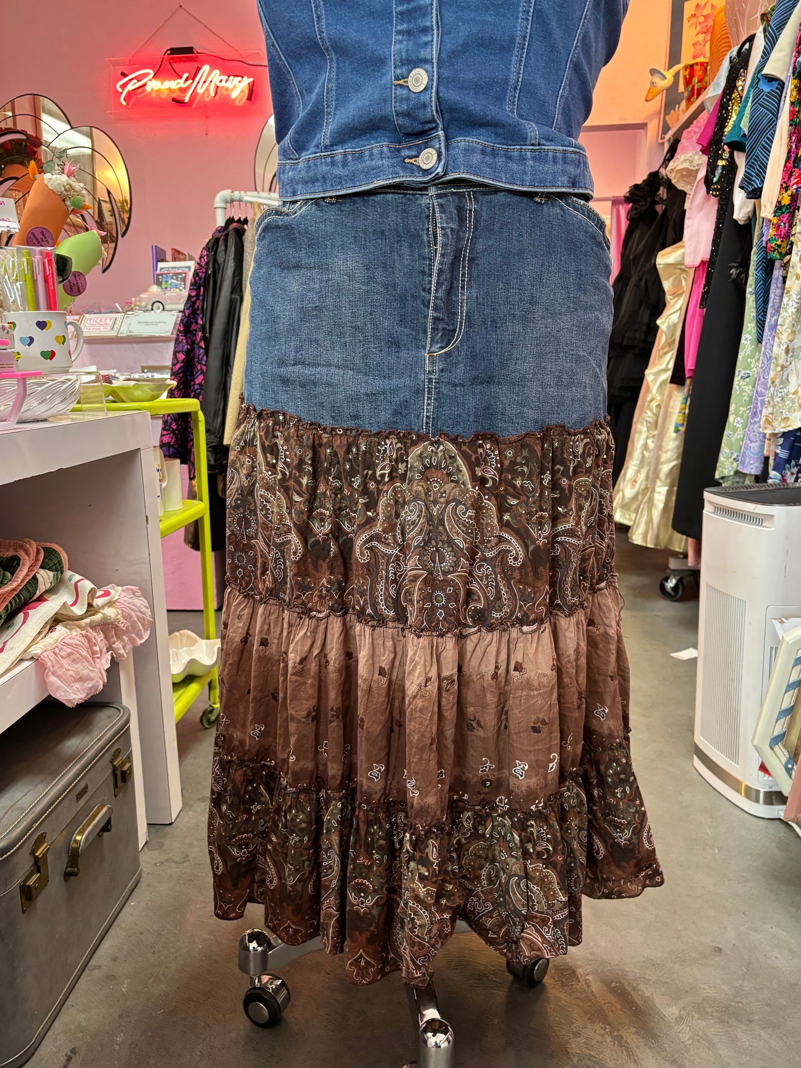 Y2K Mixed Material Denim Maxi Skirt