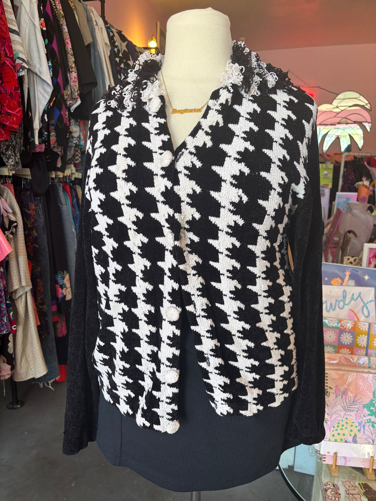 Houndstooth Chenille Cardigan with Loop Shag Collar - XL