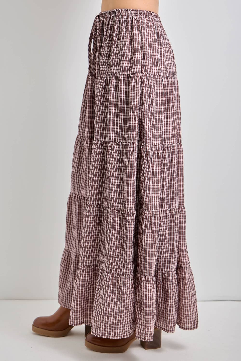 Micro-plaid Tiered Maxi Skirt
