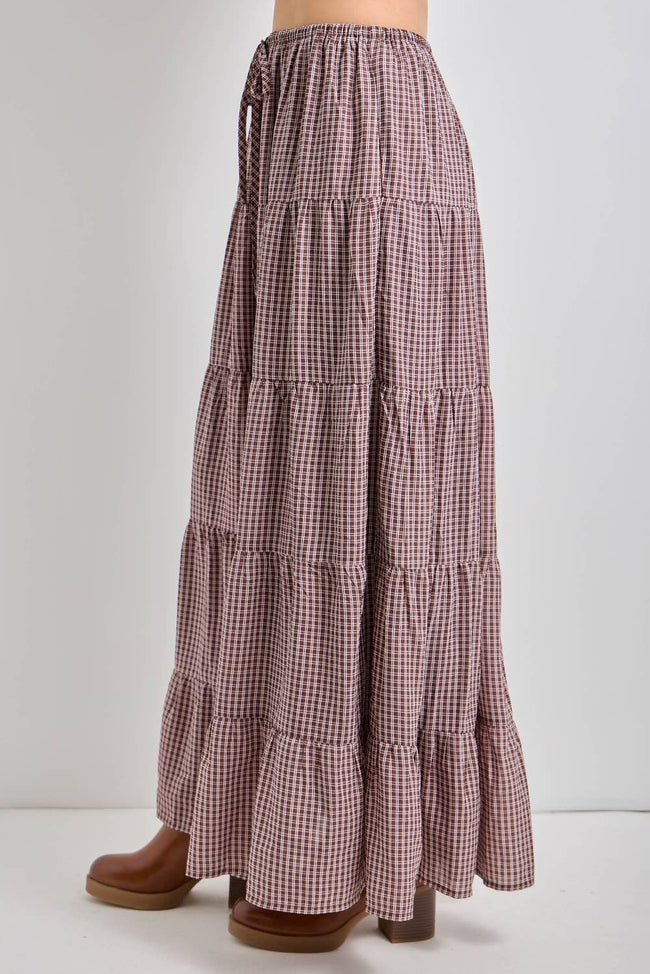 Micro-plaid Tiered Maxi Skirt