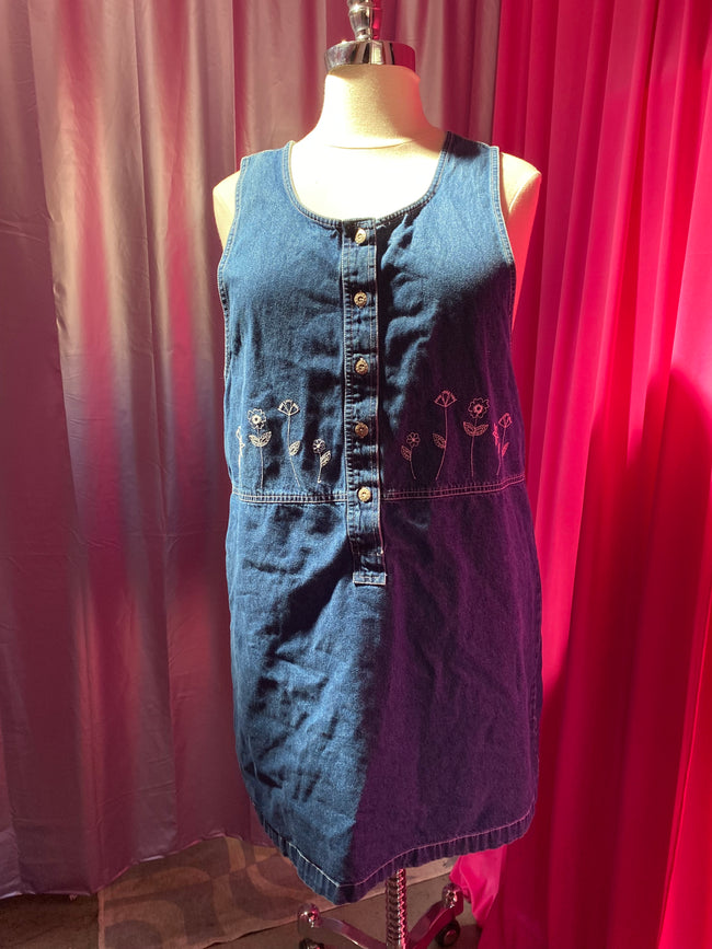 90's Embroidered Denim Pinafore Dress - 1X