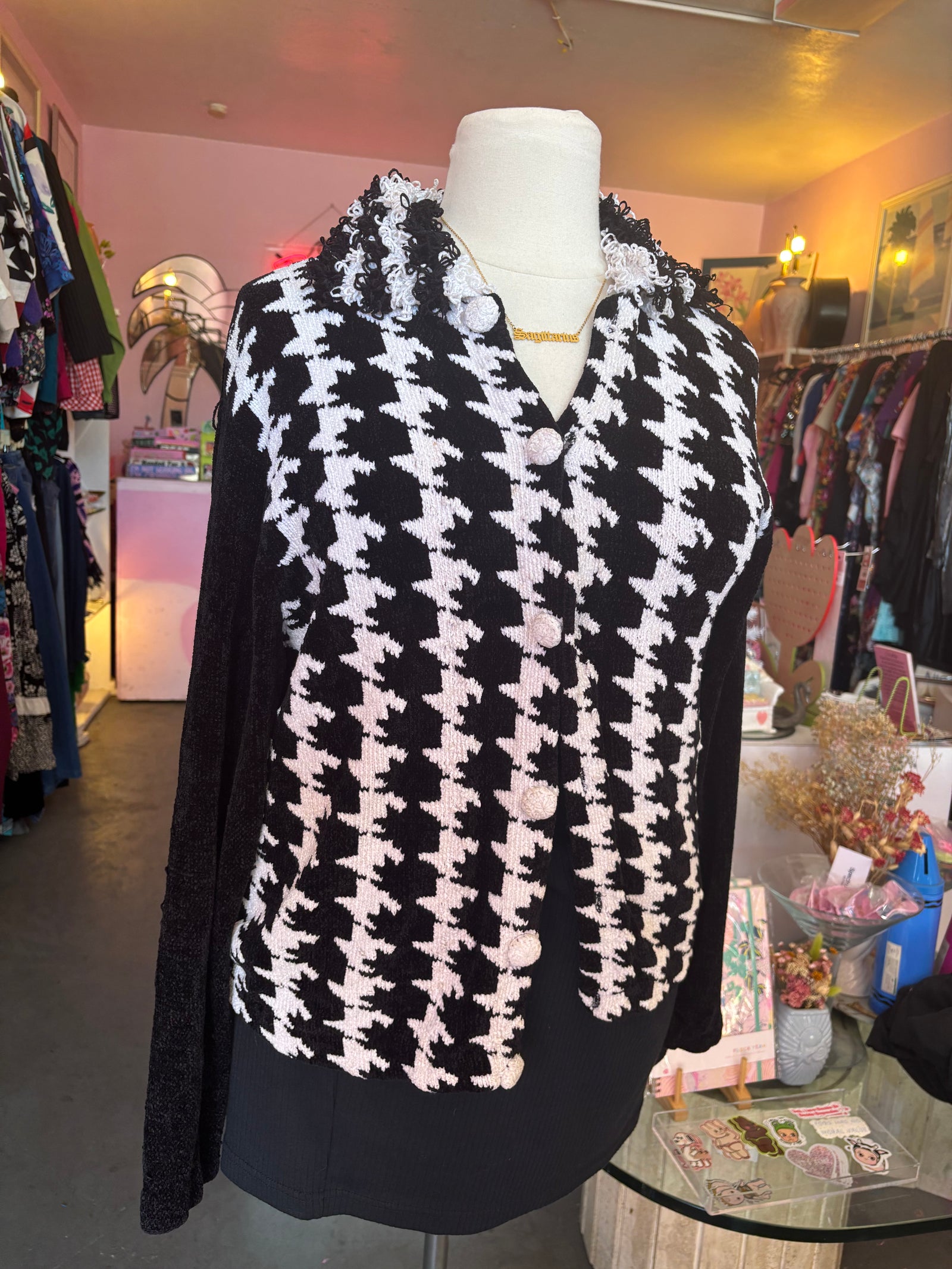 Houndstooth Chenille Cardigan with Loop Shag Collar - XL