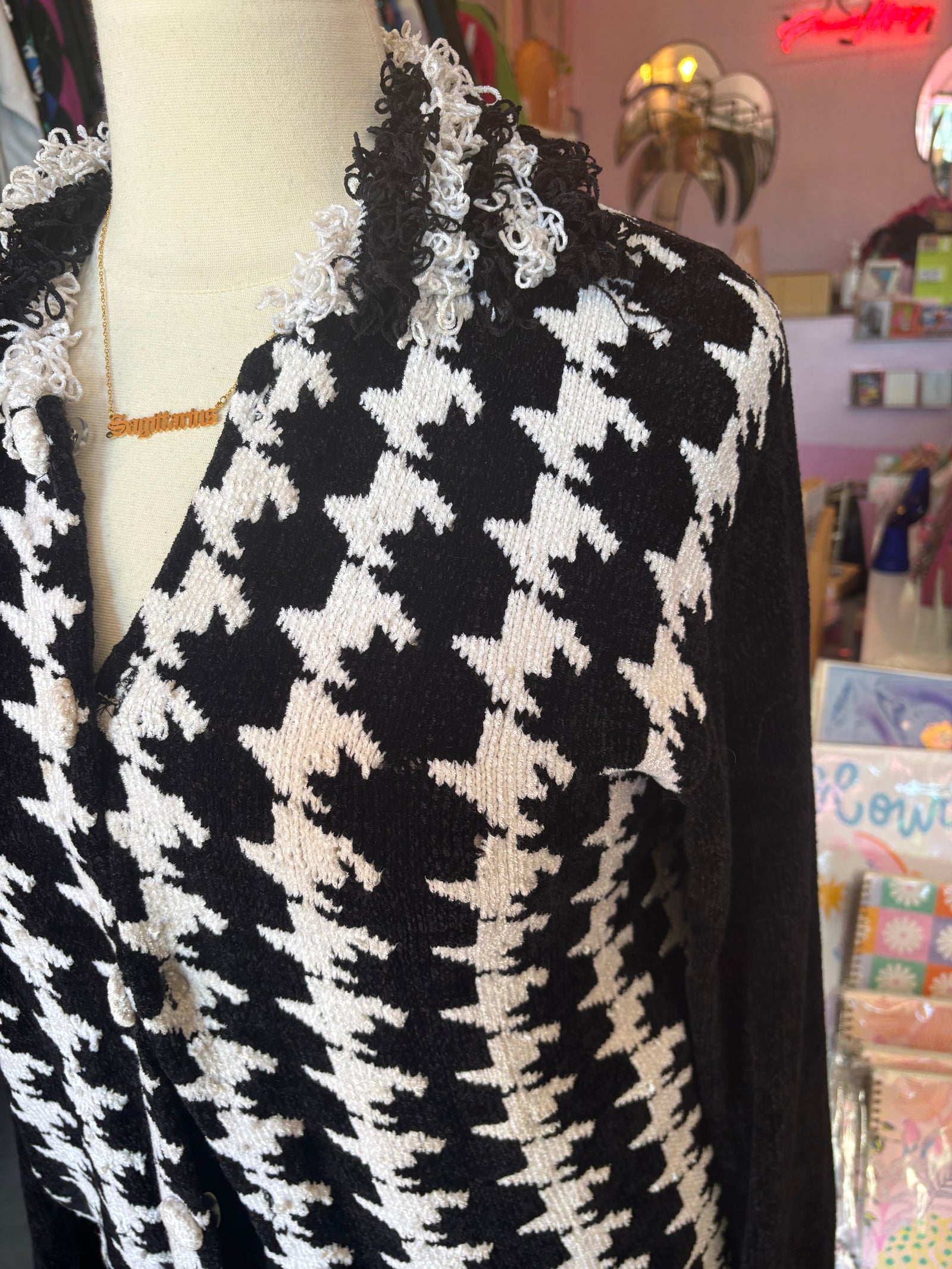 Houndstooth Chenille Cardigan with Loop Shag Collar - XL